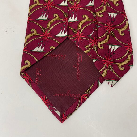 Salvatore Ferragamo Neck Tie Silk Sailboat Red Made In Italy Luxury - Picture 4 of 6